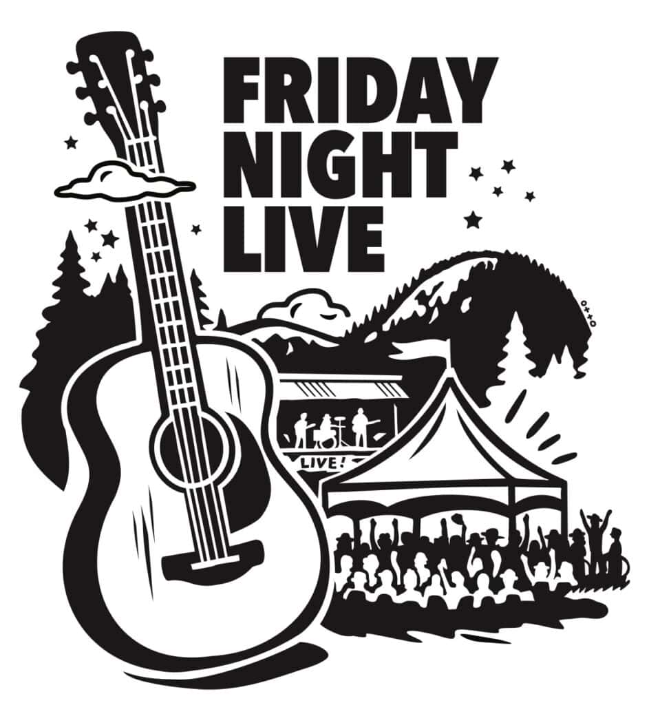 Friday Night Live outdoor music event with guitar, stage, and audience.