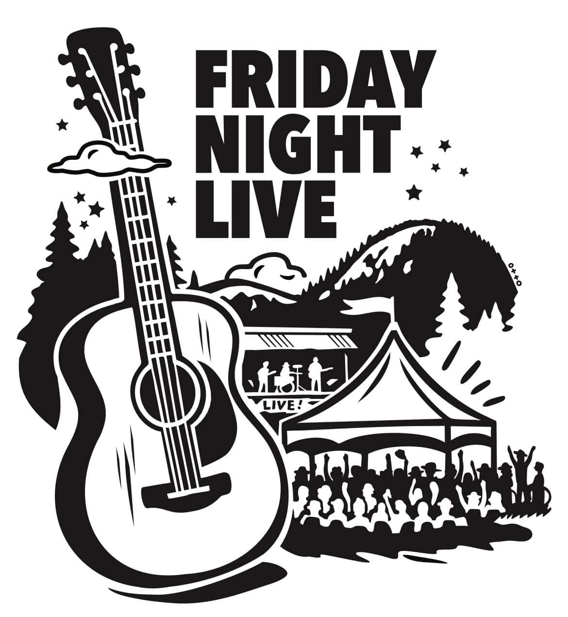 Friday Night Live outdoor music event with guitar, stage, and audience.